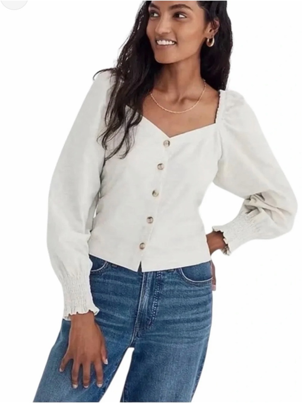 Women’s Cream Button-Front Corduroy Puff Sleeve Top